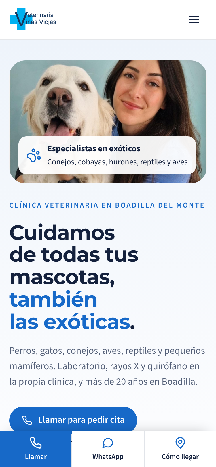 Captura de la web nueva de Clínica Veterinaria Viñas Viejas en un móvil